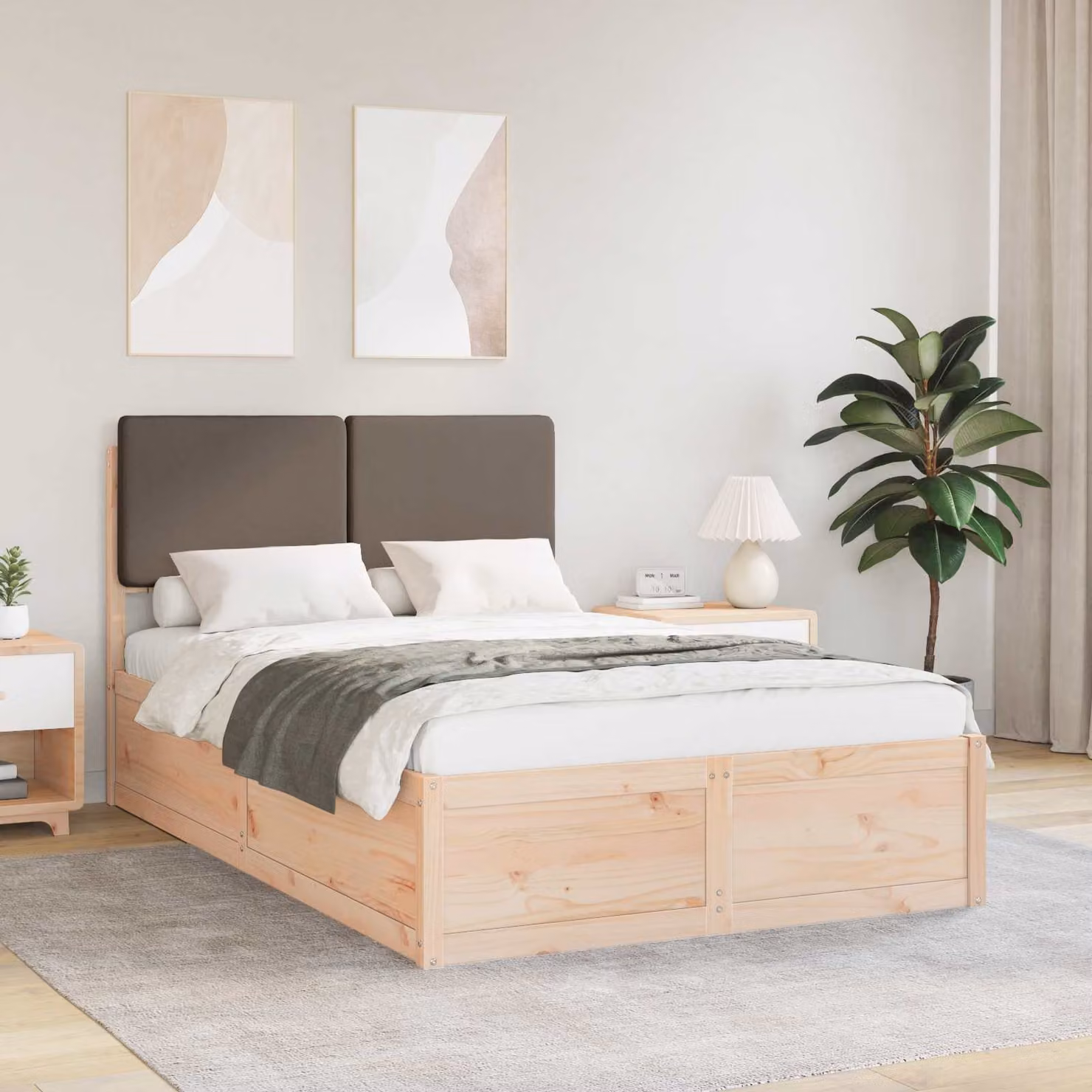 Letto con Testiera Rivestita in Tessuto e Pino Massello vidaXL, Colore Beige/Grigio, L/P/H: 120 x 200 x 93 cm – 1