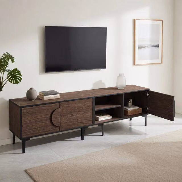 Lowboard TV moderno KOMHTOM in legno color noce scuro con finitura opaca, L: 180 cm, P: 35 cm, H: 49 cm