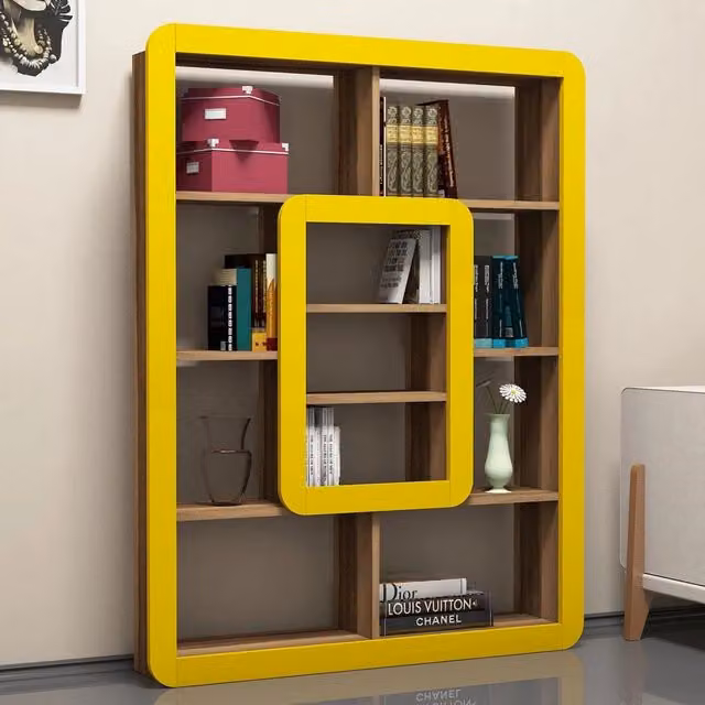 Libreria DMORA Caltrano con 8 Ripiani, Marrone Noce e Giallo, L 108 cm x P 22 cm x H 140 cm
