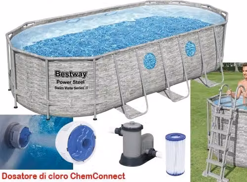 Piscina fuori terra ovale Bestway Steel Vista Rattan grigia con pompa, dosatore, scaletta e telo, L: 549 cm, P: 274 cm, H: 122 cm