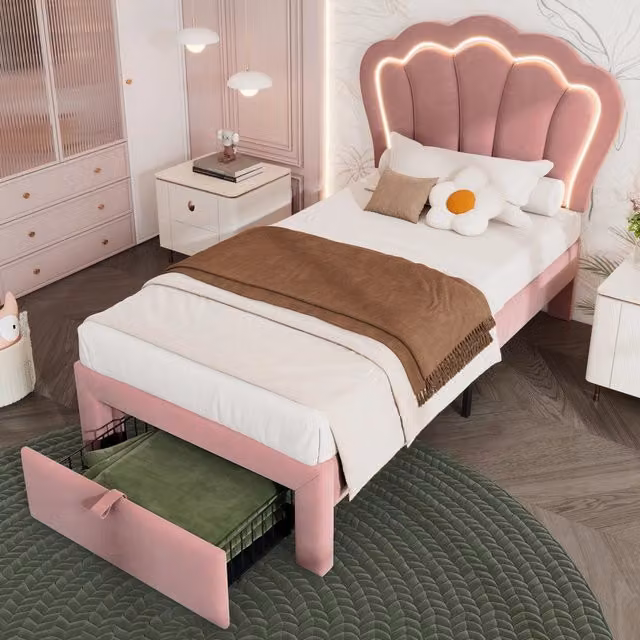 Letto singolo 90x190 cm con luci LED RGB; imbottito in velluto rosa; cassetto e testiera regolabile