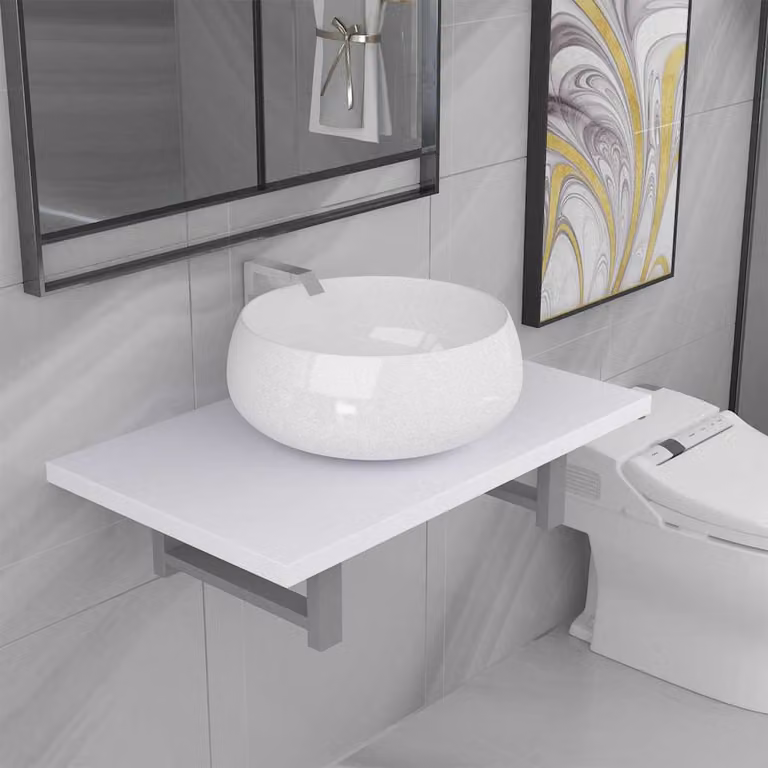 Set di mobili da bagno vidaXL in ceramica bianca lucida composto da mobile lavabo e pensile a parete