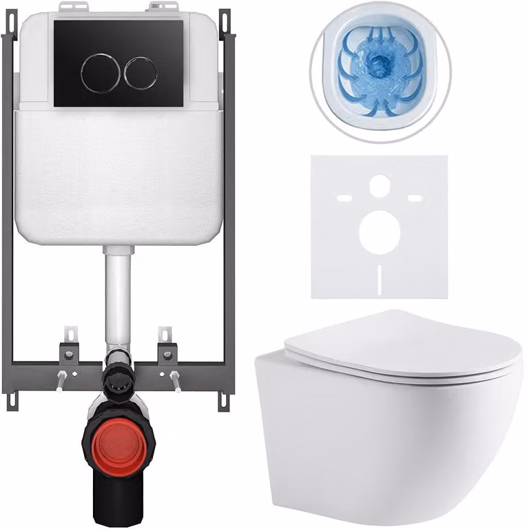 Set completo per WC a pavimento "Cesso" - bianco opaco - pulsante Prime/Dualo, nero - da incasso - 49x36 cm