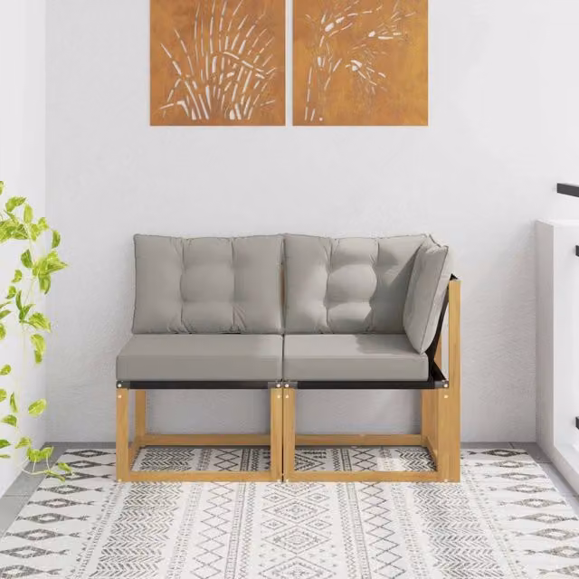 Set di 2 pezzi divano modulare angolare da esterno vidaXL in legno di acacia e tessuto bianco e grigio con design moderno per giardino, balcone o terrazza – 1