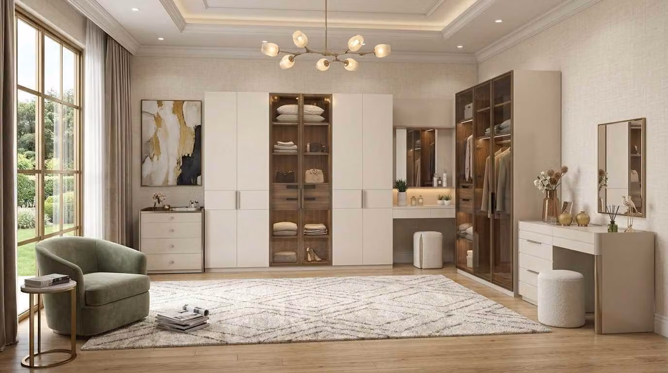 Set per camera da letto beige, moderno, composto da armadio, tavolino da trucco e cassettiera