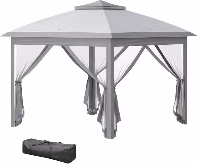 Gazebo da Esterno Pieghevole con Zanzariere ad Altezza Regolabile, L: 330 cm, P: 330 cm, H: 288 cm, Grigio