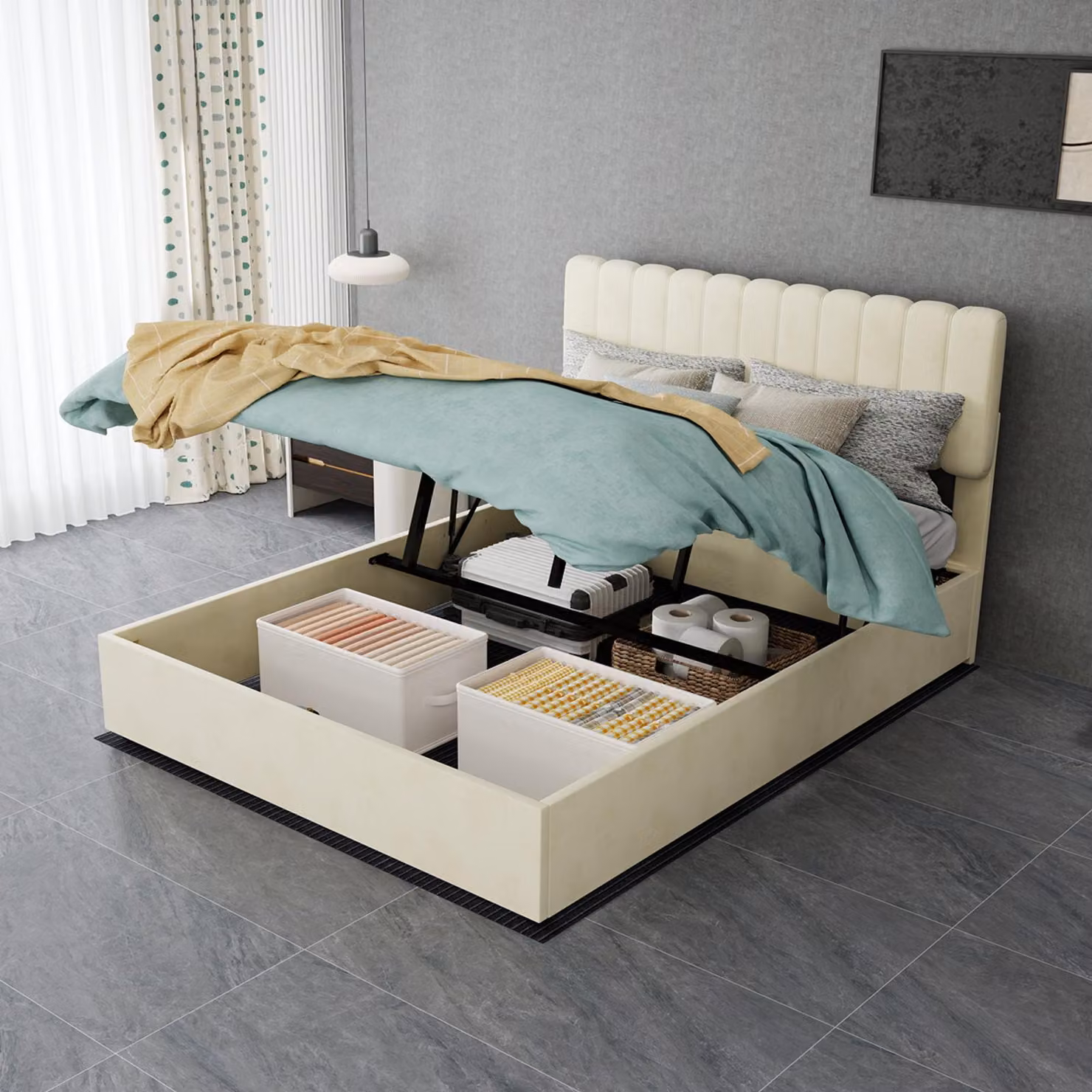 Letto imbottito 180x200 cm con spazio contenitore, base di ricarica e portabicchieri nascosto, struttura in lino color beige, completo di rete
