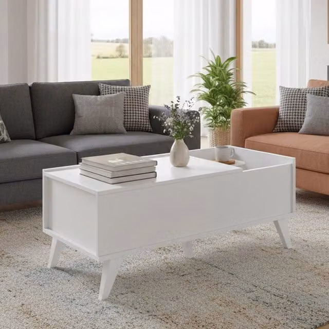 Tavolino da salotto moderno DMORA bianco con meccanismo lift e ripiano in MDF laminato L: 126 cm, P: 60 cm, H: 41 cm – 1