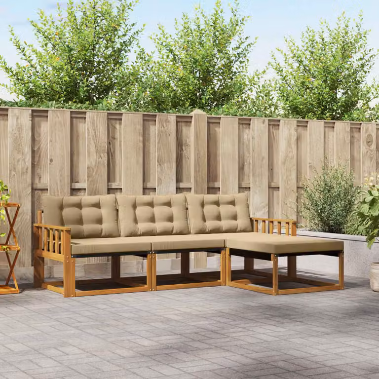 vidaXL Set di divani da esterno a L composto da 4 pezzi in legno di acacia con cuscini beige e marrone
