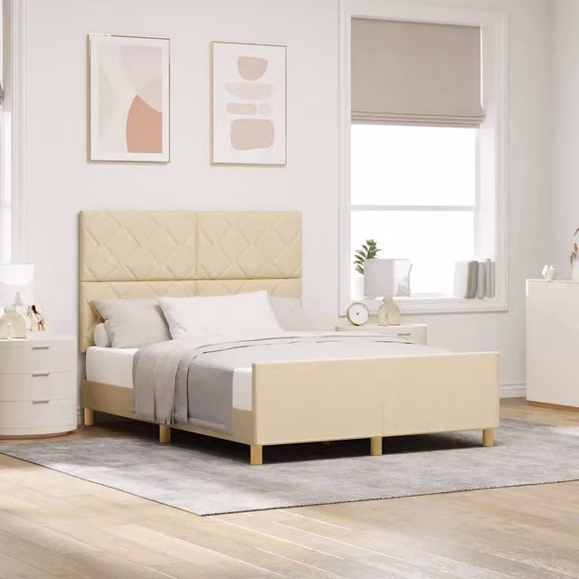 Letto matrimoniale con testiera vidaXL in tessuto beige e legno L: 140 cm, P: 200 cm, H: 128 cm