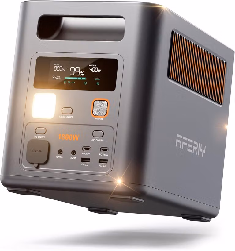 AFERIY Nomad 1800 Powerstation 1800 W 1024 Wh LiFePO4, ricarica rapida 1 ora, 9 uscite, controllo tramite app, onda sinusoidale pura, fino a 5120 Wh