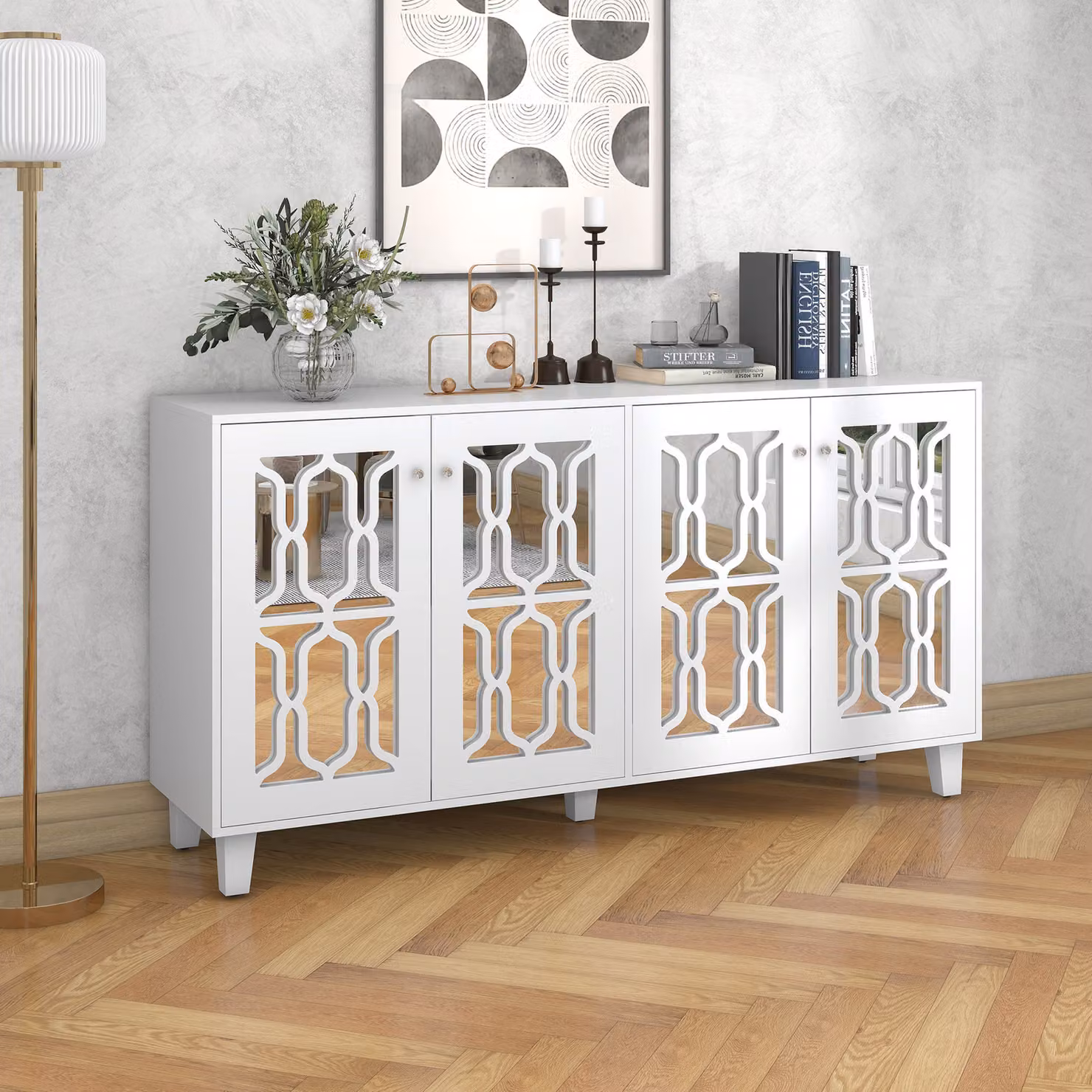 Credenza Merax con frontale a specchio e motivo a traliccio, credenza con elemento a specchio