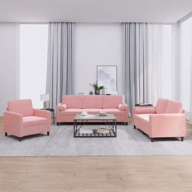 Set di divani 3 pezzi vidaXL in velluto rosa con cuscini per soggiorno moderno L/P/H: 198 x 77 x 80 cm – 1
