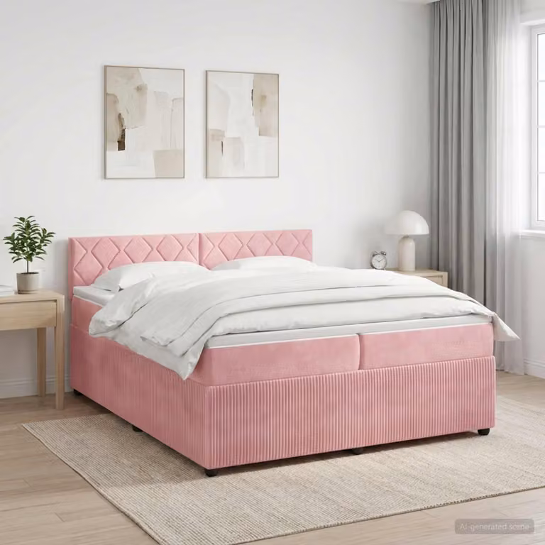 Letto box spring con materasso vidaXL in velluto rosa e bianco, L/P: 200 x 200 cm