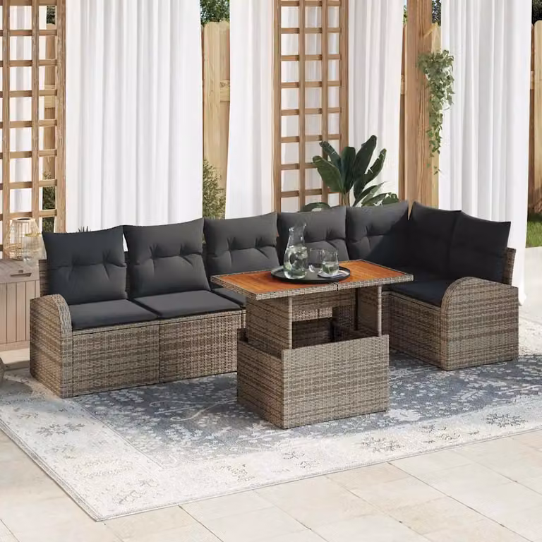 Set Divano da Giardino vidaXL in Rattan e Legno di Acacia Grigio, 7 Pezzi