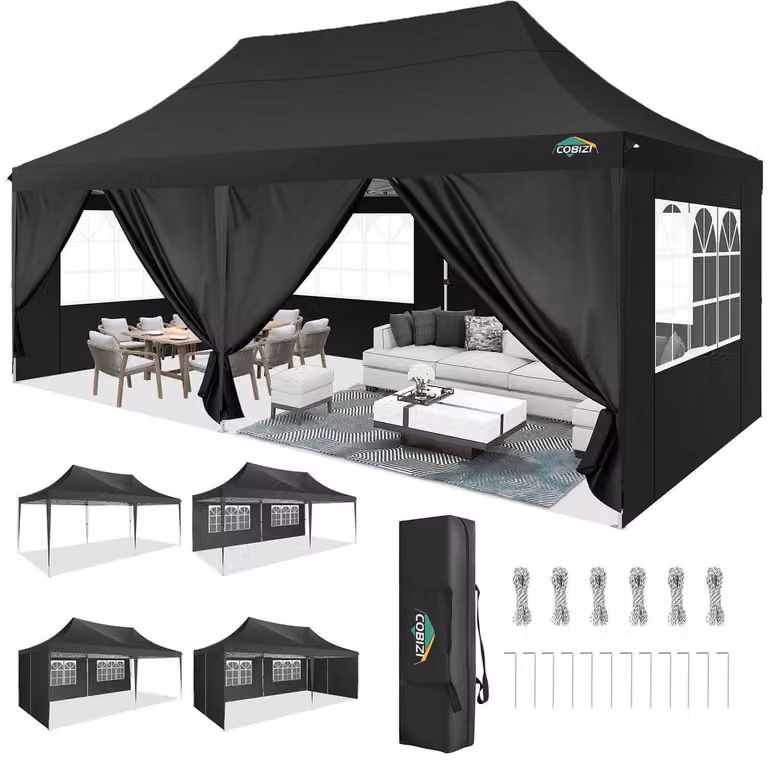 Gazebo da esterno 3x6 metri, impermeabile, con protezione UV 50+ e 6 pareti laterali, colore nero