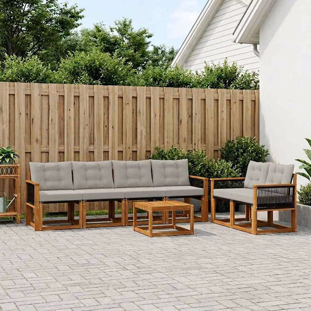 Set di divani da esterno vidaXL 7 pezzi in legno di acacia e textilene, composizione a L con tavolo da caffè, colori beige, grigio e marrone