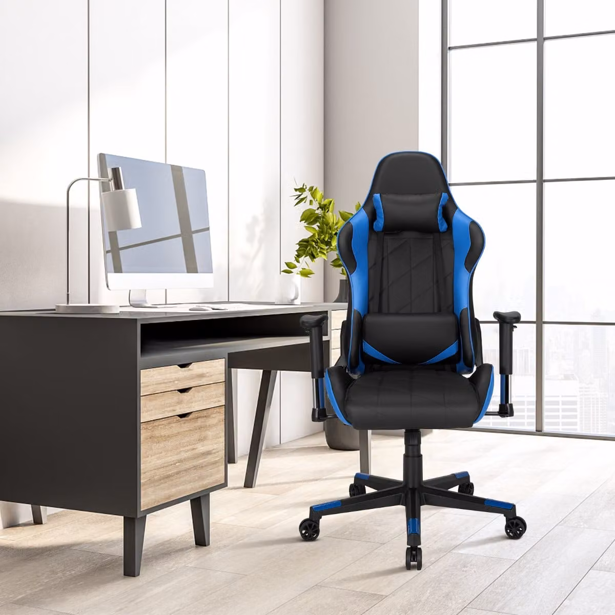 Sedia da gaming Costway ergonomica con poggiatesta e cuscino lombare, girevole a 360° e regolabile in altezza, nero e blu