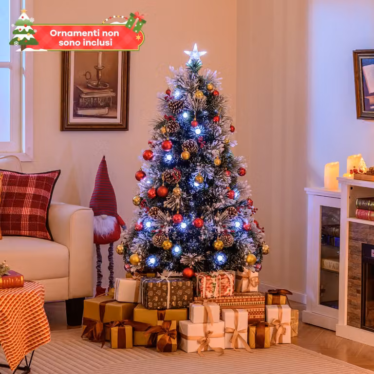 Albero di Natale floccato Costway con 49 luci LED, artificiale con 170 rami a effetto neve, Altezza: 150 cm