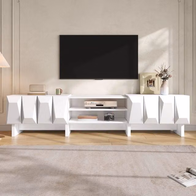 Mobile TV con 4 ante a rilievo, 2 vani aperti e passacavi, per soggiorno, in truciolare bianco, 180 × 34 × 44.5 cm