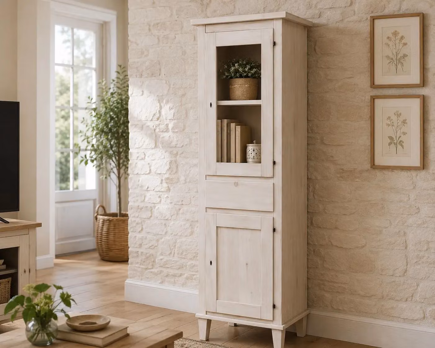 Vetrina Mobili 2G in legno di pino grezzo con 2 ante, 1 cassetto e serratura, L: 54 cm, P: 45 cm, H: 150 cm – 2