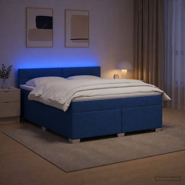Letto con Box Spring vidaXL con Materasso Ibrido, Illuminazione LED Blu e Porta USB, Tessuto Bianco e Blu, L/P: 160 x 200 cm