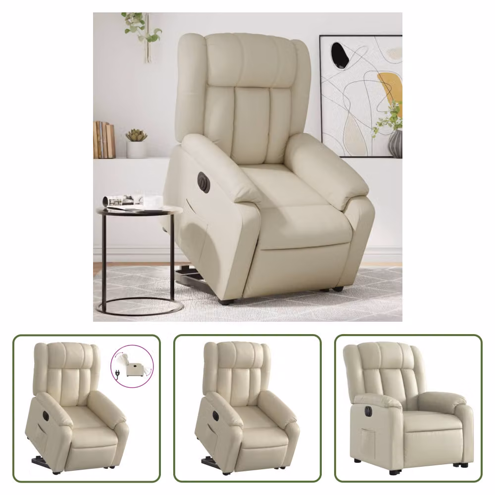 The Living Store Poltrona relax con supporto elettrico in Pelle finta color crema