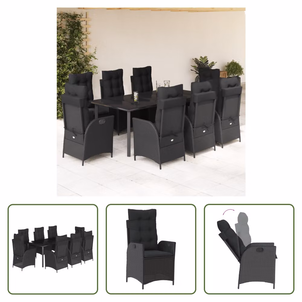 The Living Store Set da pranzo da giardino 9 pezzi con cuscini in polirattan nero