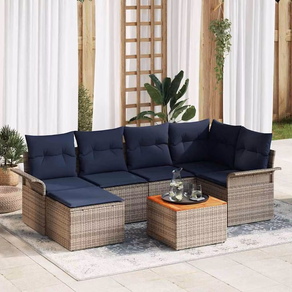 Maison Exclusive - Set da giardino composto da 7 pezzi. Divano e poltrone in rattan sintetico, colore grigio e blu navy