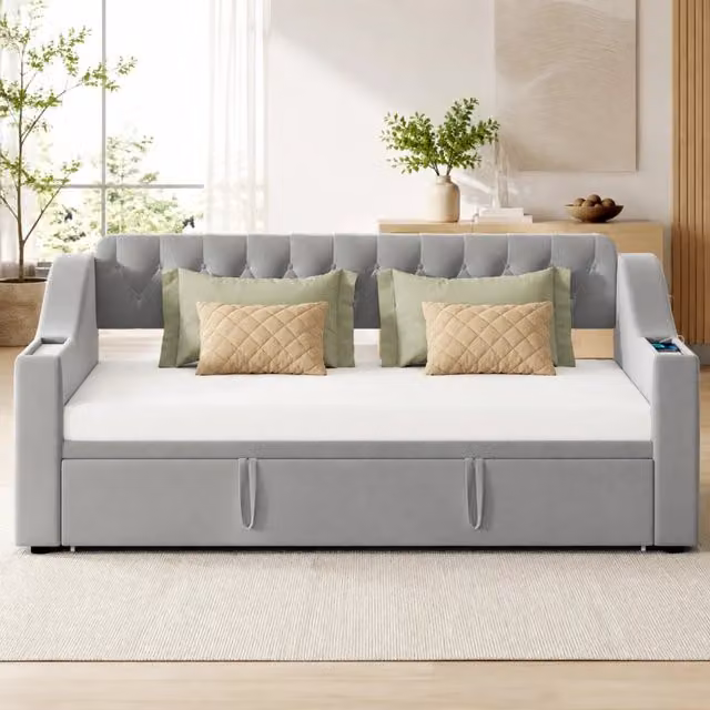 Divano letto estraibile 90/180 x 190 cm in velluto grigio con USB e vani portaoggetti