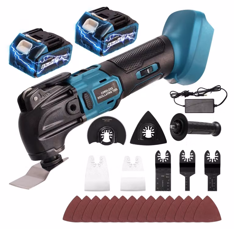 Utensile multifunzione oscillante senza fili, con motore brushless, impugnatura aggiuntiva e set di 26 accessori