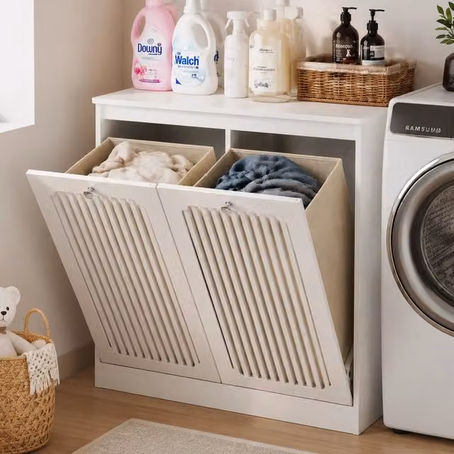 Armadio per biancheria bianco con ante a listelli e coperchio ribaltabile, 2 scomparti in tessuto, mobile da appoggio per bagno e balcone