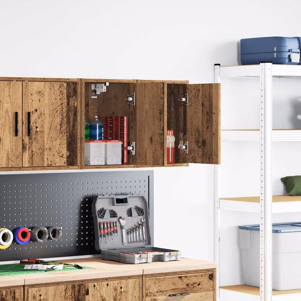 Set di 2 pensili da garage vidaXL in legno multistrato marrone stile industriale con ante a battente e ripiani interni