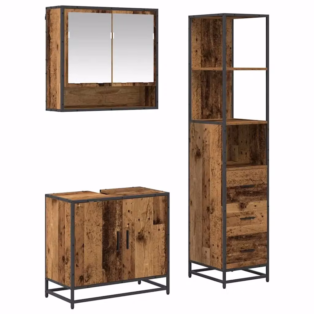 Set di mobili per il bagno vidaXL in 3 pezzi stile moderno color marrone con specchio, mobile lavabo e colonna alta in legno e metallo L/P/H: 166 x 60,24 x 35 cm – 2