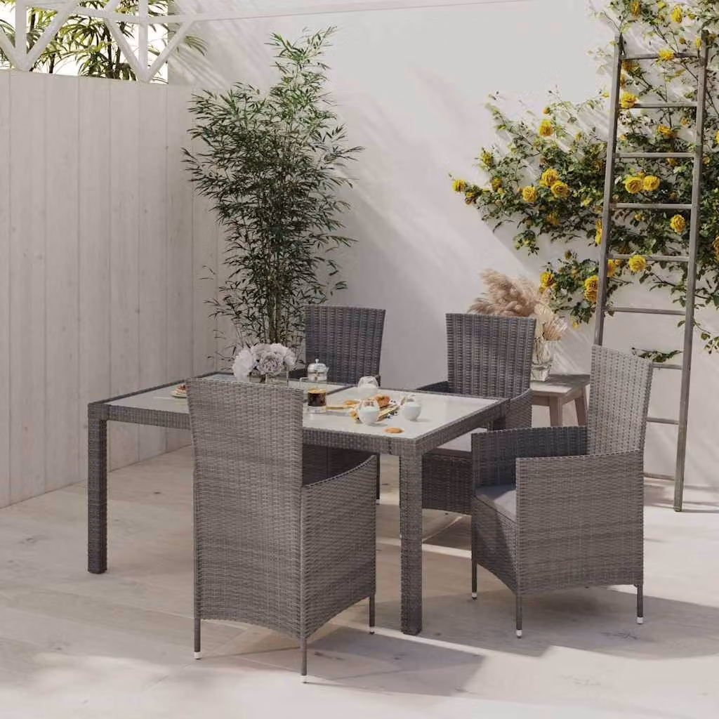 Set da pranzo da esterno vidaXL in polyrattan e vetro con 5 pezzi, colore grigio