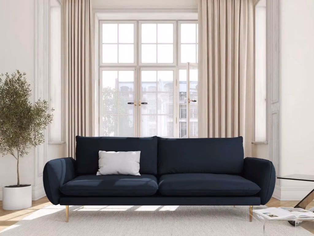 Divano 3 posti Vienna di Cosmopolitan Design in velluto blu scuro con cuscini coordinati L: 200 cm, P: 95 cm, H: 76 cm – 2