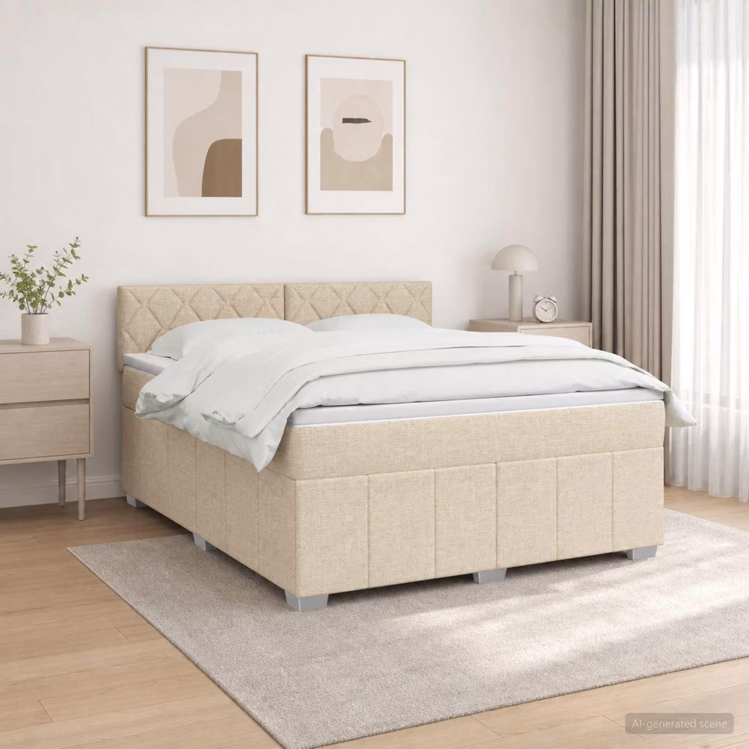 Letto boxspring LED con materasso Crema 140 x 190 cm Tessuto