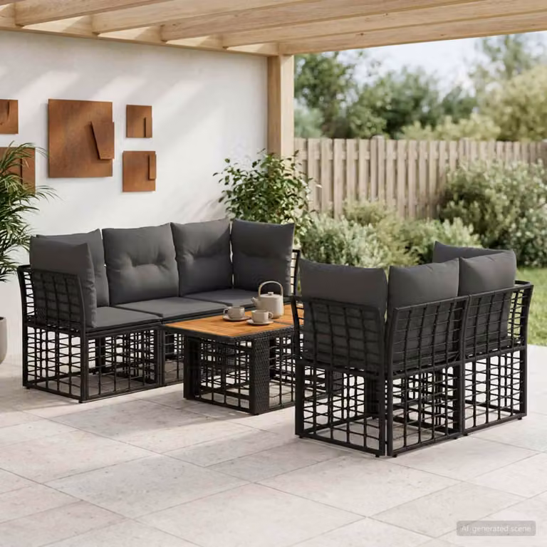 Set Divano da Giardino vidaXL 6 pz a L con Tavolino, Polyrattan e Metallo, Nero e Grigio
