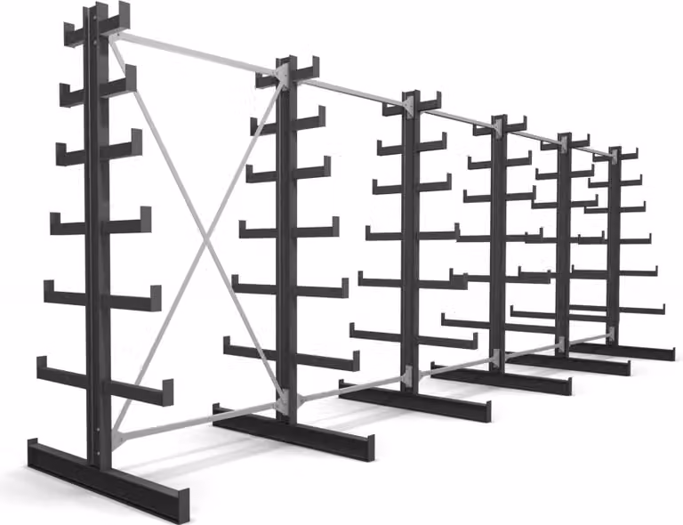 Scaffalatura cantilever STIER, bifacciale, 5 campate con 6 livelli discendenti, LxHxP 6500x2000x500mm, scaffalatura con 6 cantilever inclinati verso l'alto (per lato), portata per cantilever 200kg, sistema di stoccaggio
