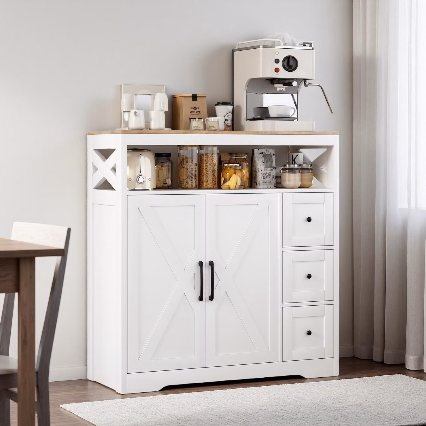 UnboxG Mobile da cucina / Credenza Bianco 100×40×105 cm con 3 cassetti e 2 ante, spazio contenitivo per sala da pranzo