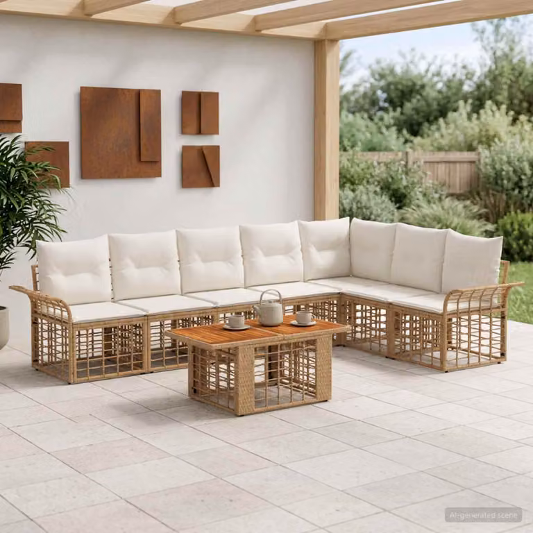 Set Divano da Giardino vidaXL 8 pz in Polyrattan con Cuscini e Tavolino, Design Moderno a L, Colore Naturale e Bianco Crema