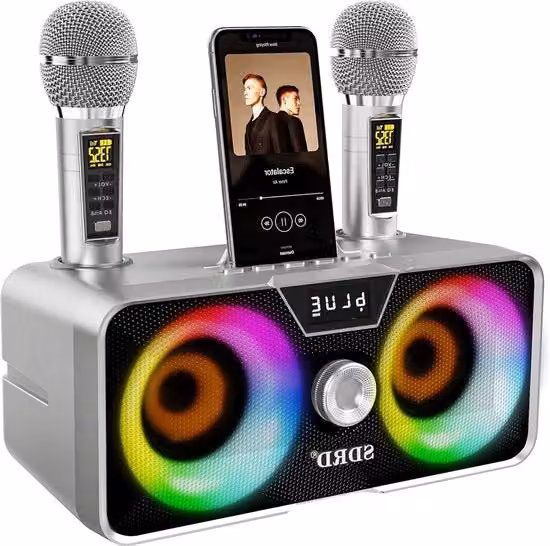 Impianto karaoke portatile - Altoparlante Bluetooth portatile - 2 microfoni UHF wireless - Illuminazione LED per feste - Impianto karaoke per feste, picnic, auto e compleanni.