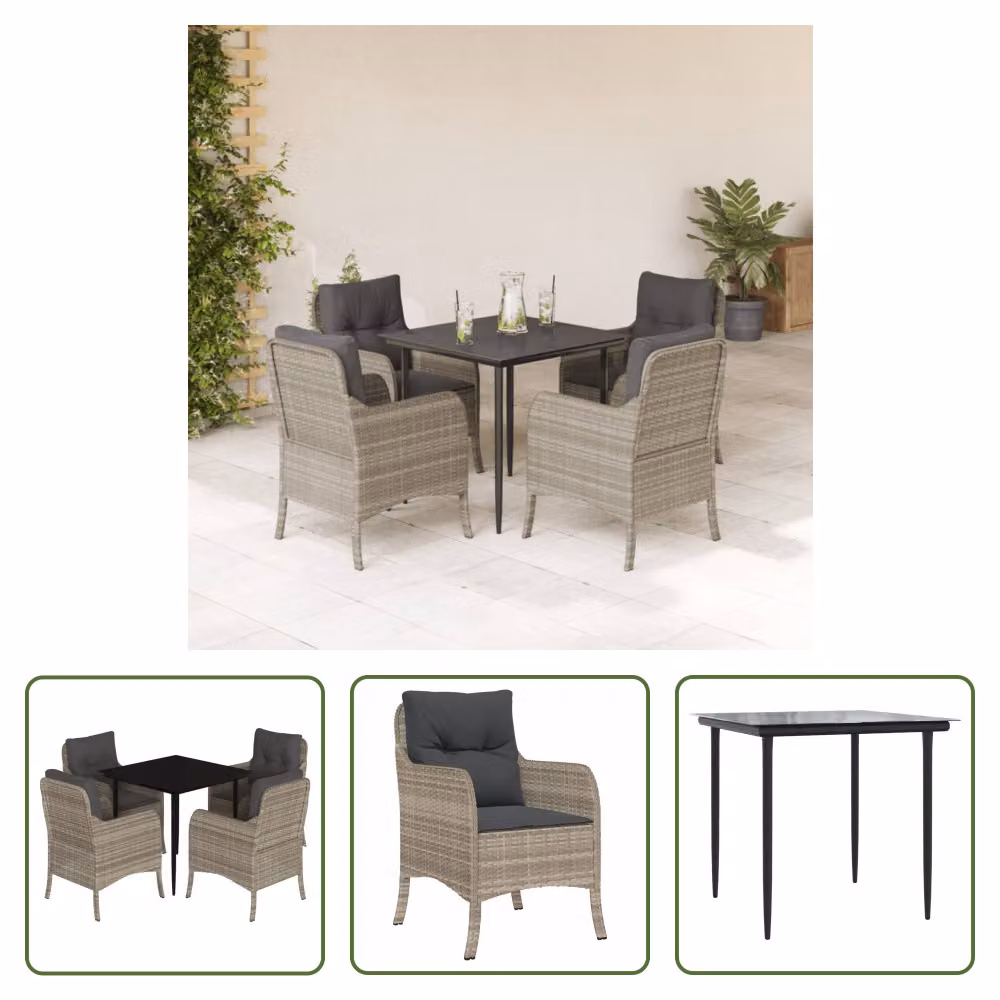 The Living Store Set da pranzo da giardino 5 pezzi con cuscini in rattan grigio chiaro