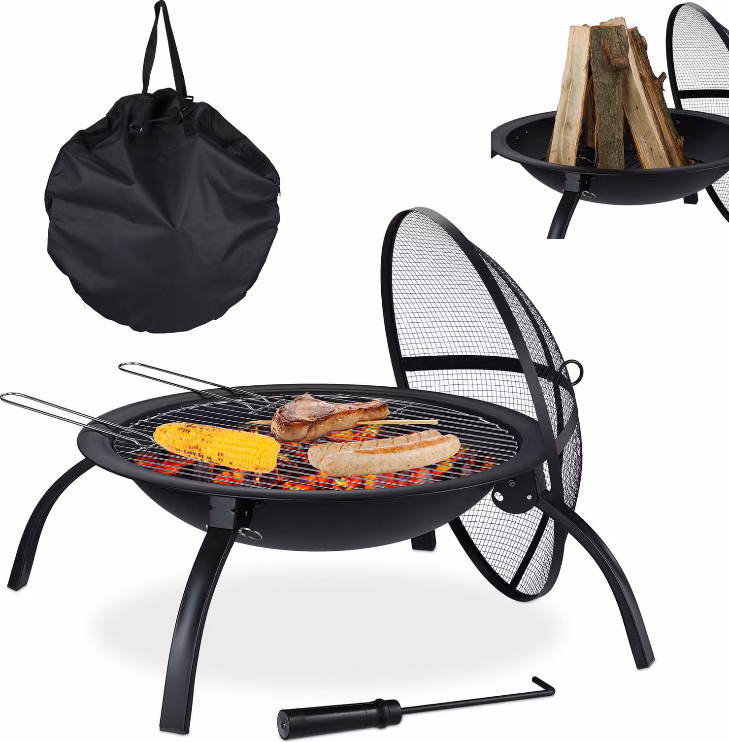 Braciere Relaxdays XL, con borsa, griglia, attizzatoio, coperchio parascintille, giardino, terrazza, diametro 56,5 cm, nero