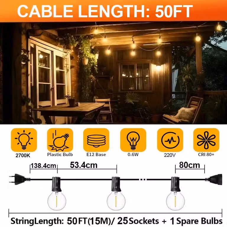 Catena luminosa per giardino - Catena LED G40 - 15 metri - 25 LED - Grado di protezione IP44 - Temperatura di colore 2700 K - Spina di tipo EU