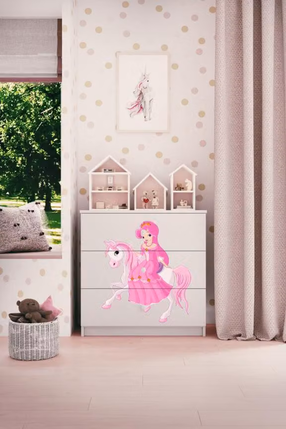Cassettiera per bambini principessa a cavallo nel colore bianco Babydreams