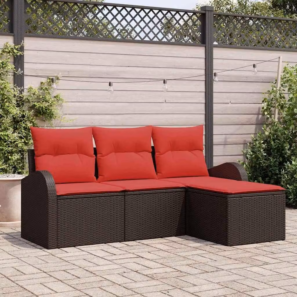 Maison Exclusive - Set di divani da salotto, 4 pezzi, color marrone e rosso, in rattan sintetico