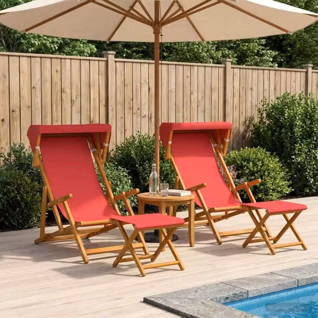 Set di 4 lettini prendisole vidaXL in legno di eucalipto massello con tessuto rosso resistente ai raggi UV e parasole per giardino e terrazzo – 1