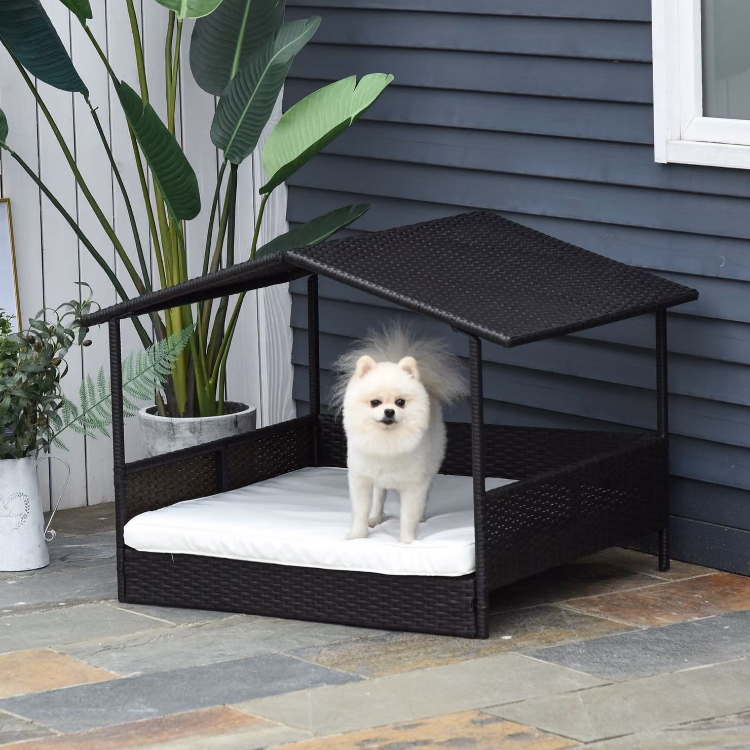 Cuccia per cani PawHut in rattan marrone con cuscino e telaio in acciaio, ideale per esterno e giardino, L: 98 cm, P: 69 cm, H: 70 cm – 2