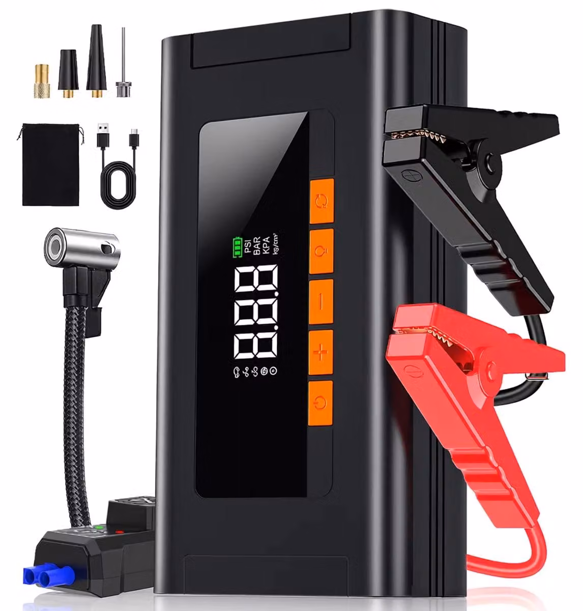 Avviatore per auto - Dispositivo di avviamento con compressore - Compressore per pneumatici da 150 PSI - Power bank da 10000 mAh - Faretto LED da 500 lumen - 3000A